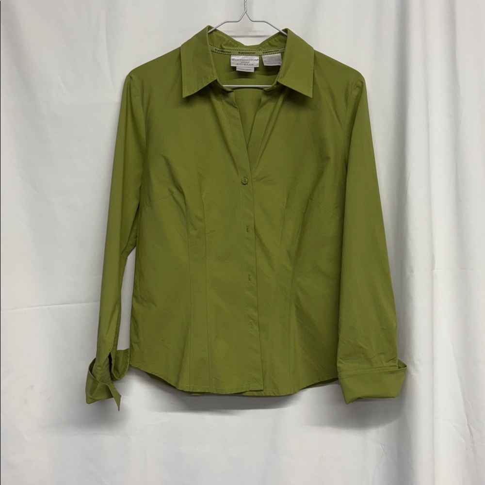 Worthington Petite Stretch Olive Green Button-Up Shirt size 10P